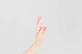 Side look of female hand holding fingers crossed